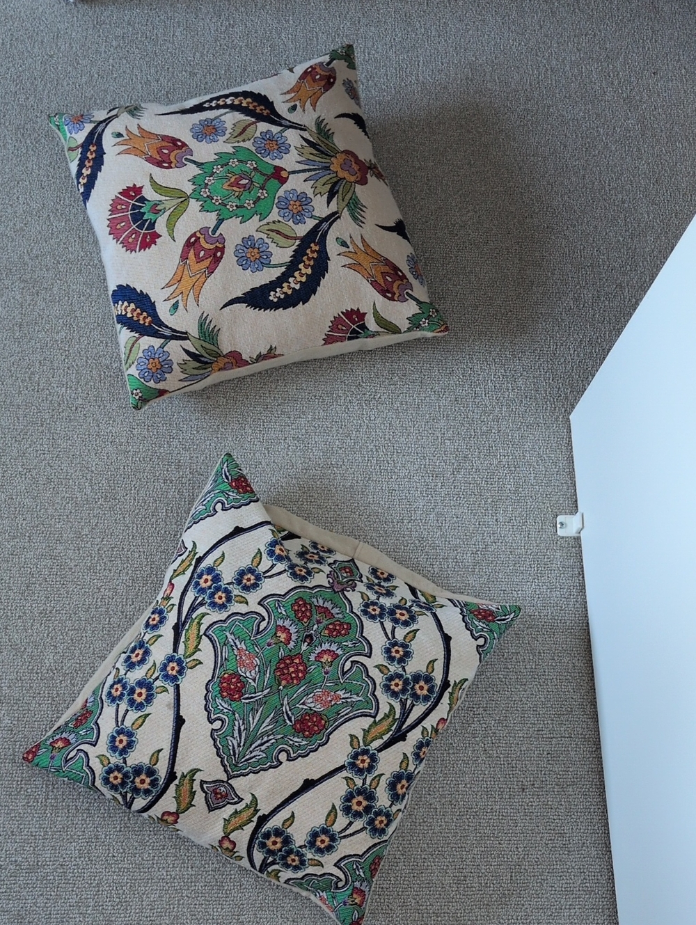 Floral Pattern Accent Pillow — Cream with Green & Blue